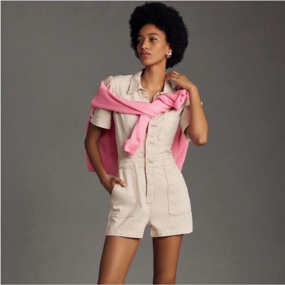 NWT Anthropologie The Kit Utility Romper by Pilcro in Neutral Cream Beige Size 2 - Picture 1 of 9